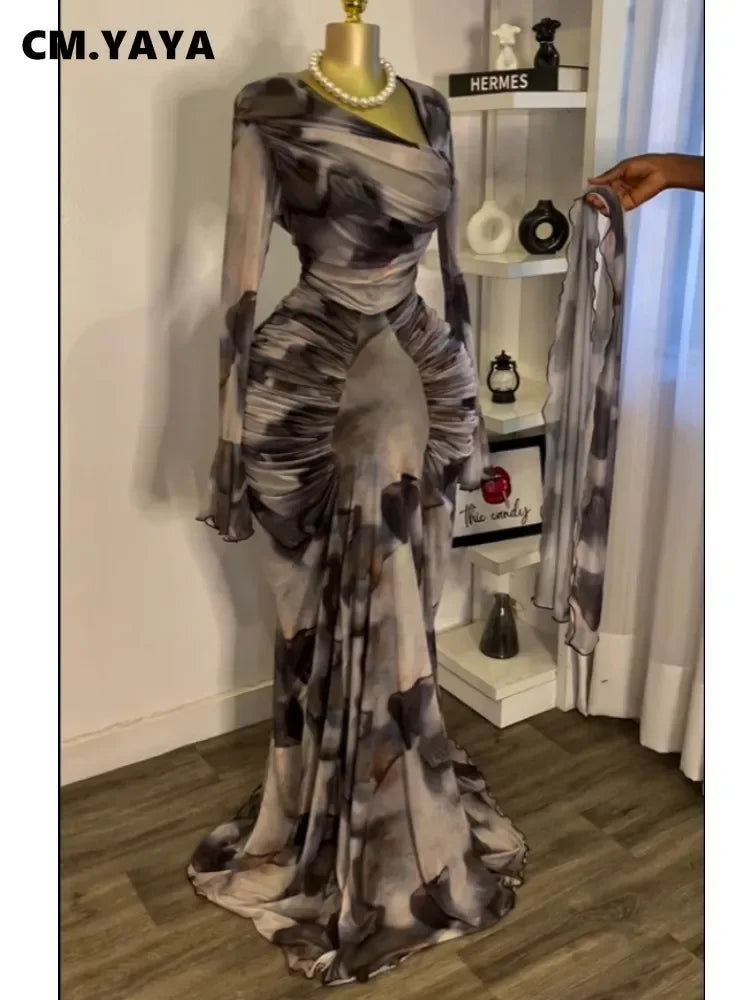 Tie-Dye Skew Neck Flare Sleeve Maxi Dress