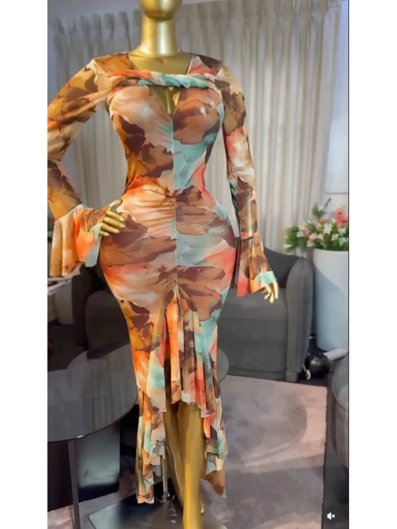 Tie-Dye V-Neck Flare Sleeve Mesh Dress