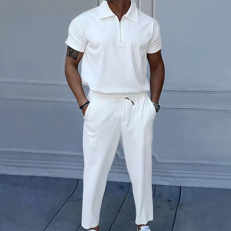 Solid Lapel Short Sleeve Zipper Suit