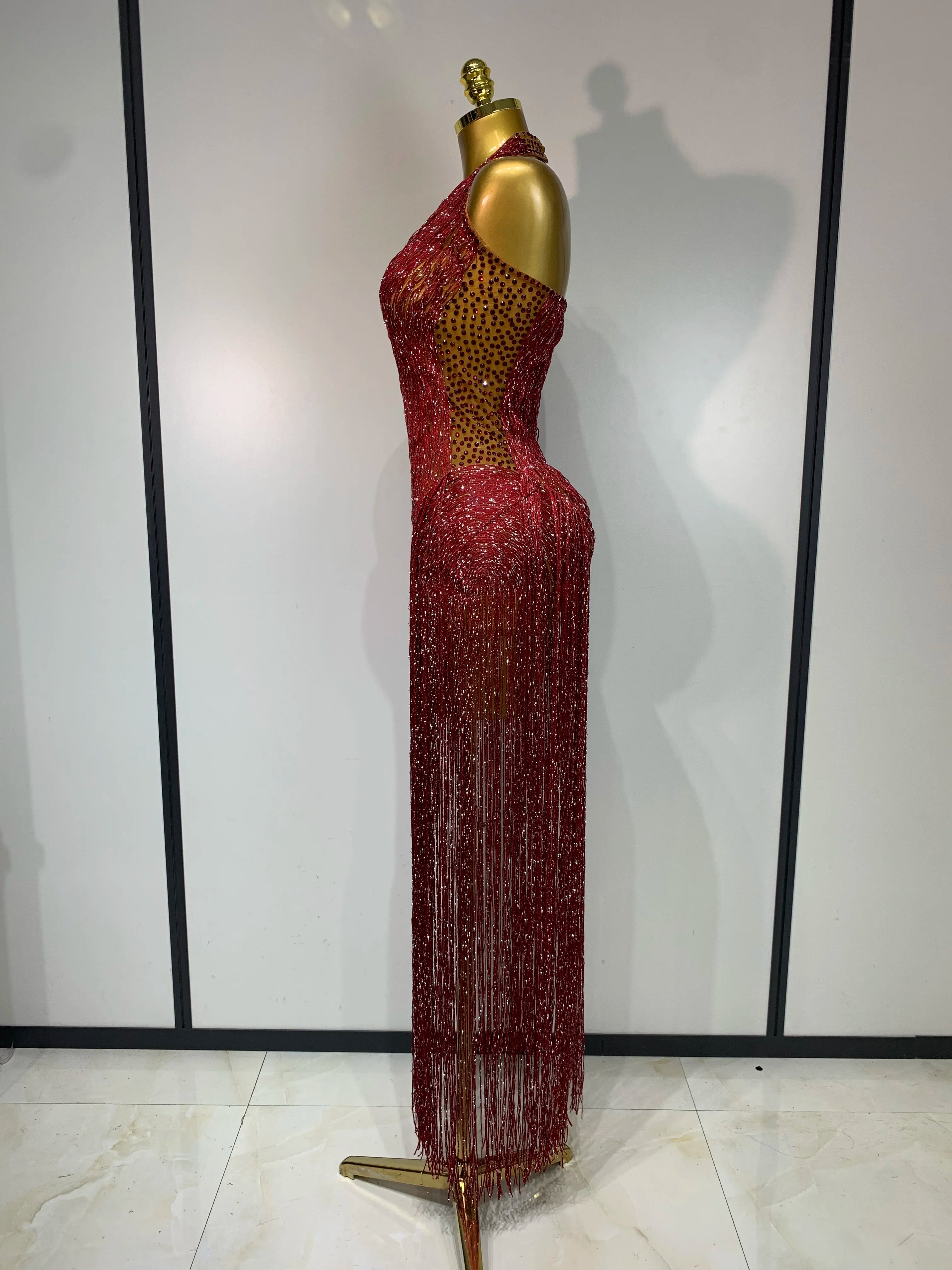 Sparkly Rhinestone Tassel Mesh Performance Bodysuit