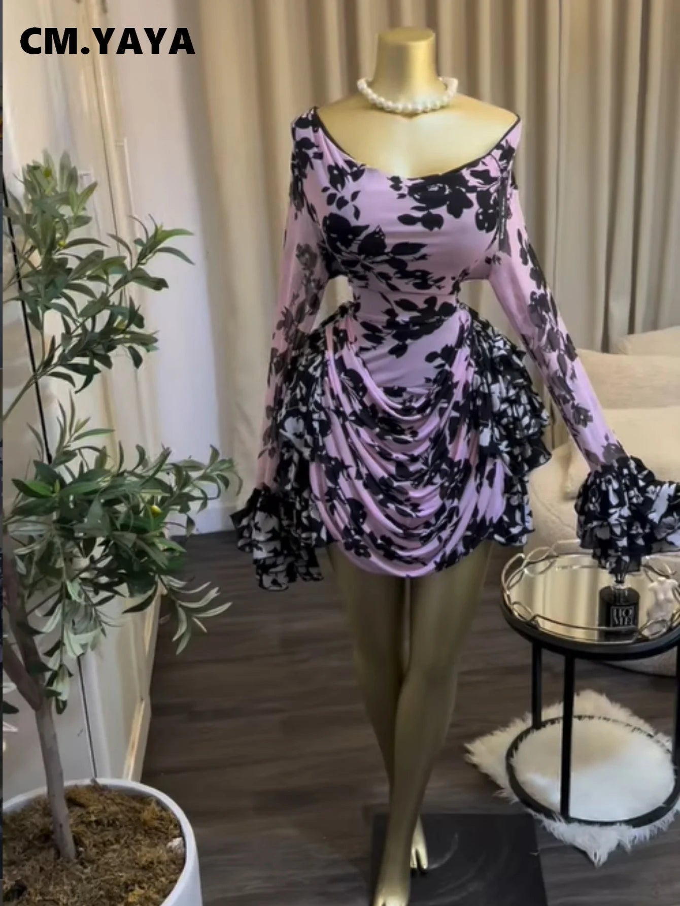 Women's Floral Ruffle Bell Sleeve Mini Dress