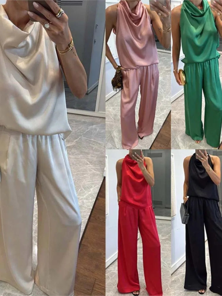 Elegant Sleeveless Satin Trousers Set