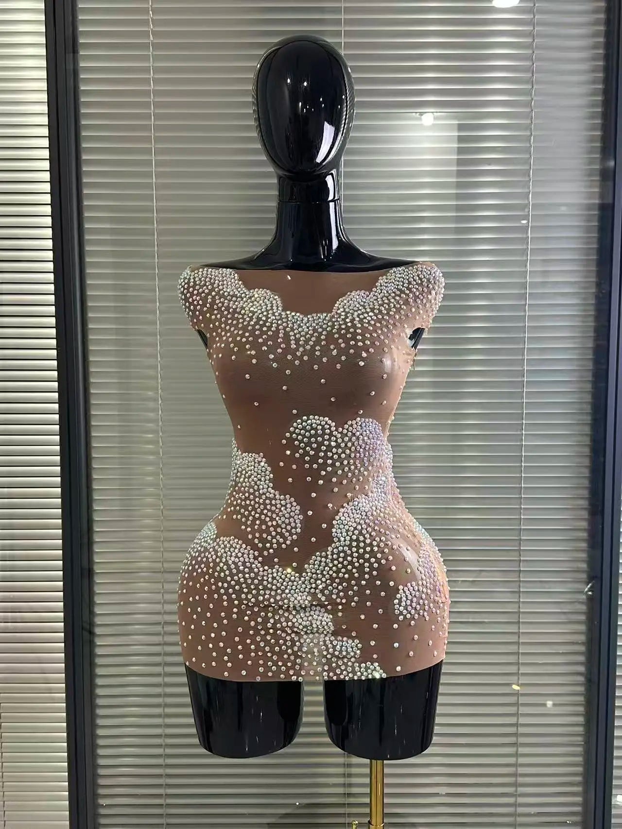 Sparkly Rhinestone Sheer Off-Shoulder Bodycon Mini Dress – Party & Stagewear