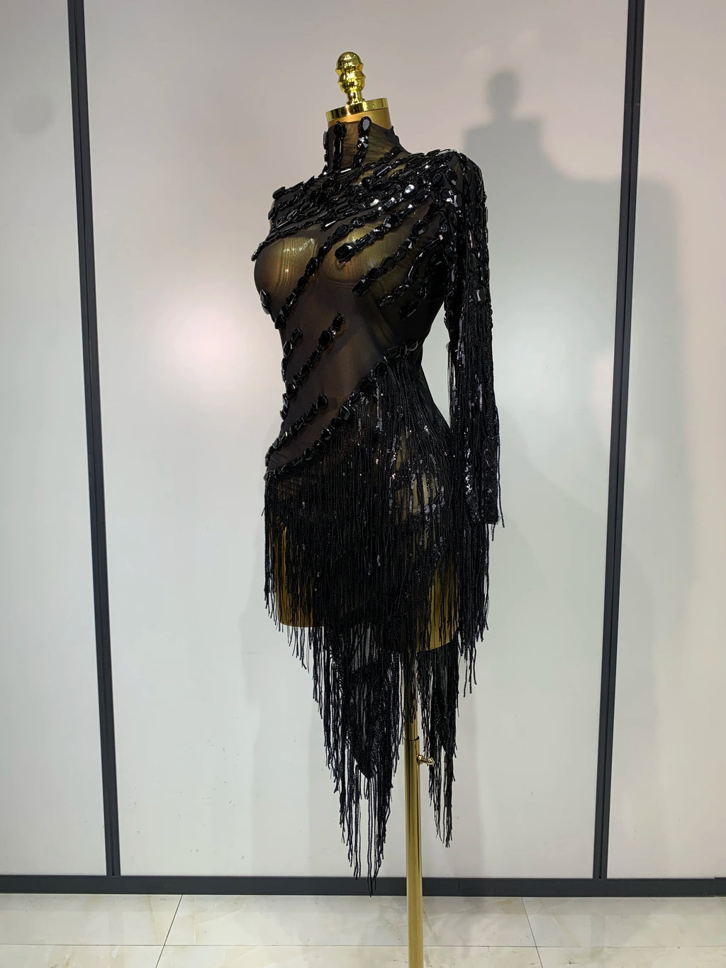 Sparkly One-Shoulder Rhinestone Tassel Mesh Dress