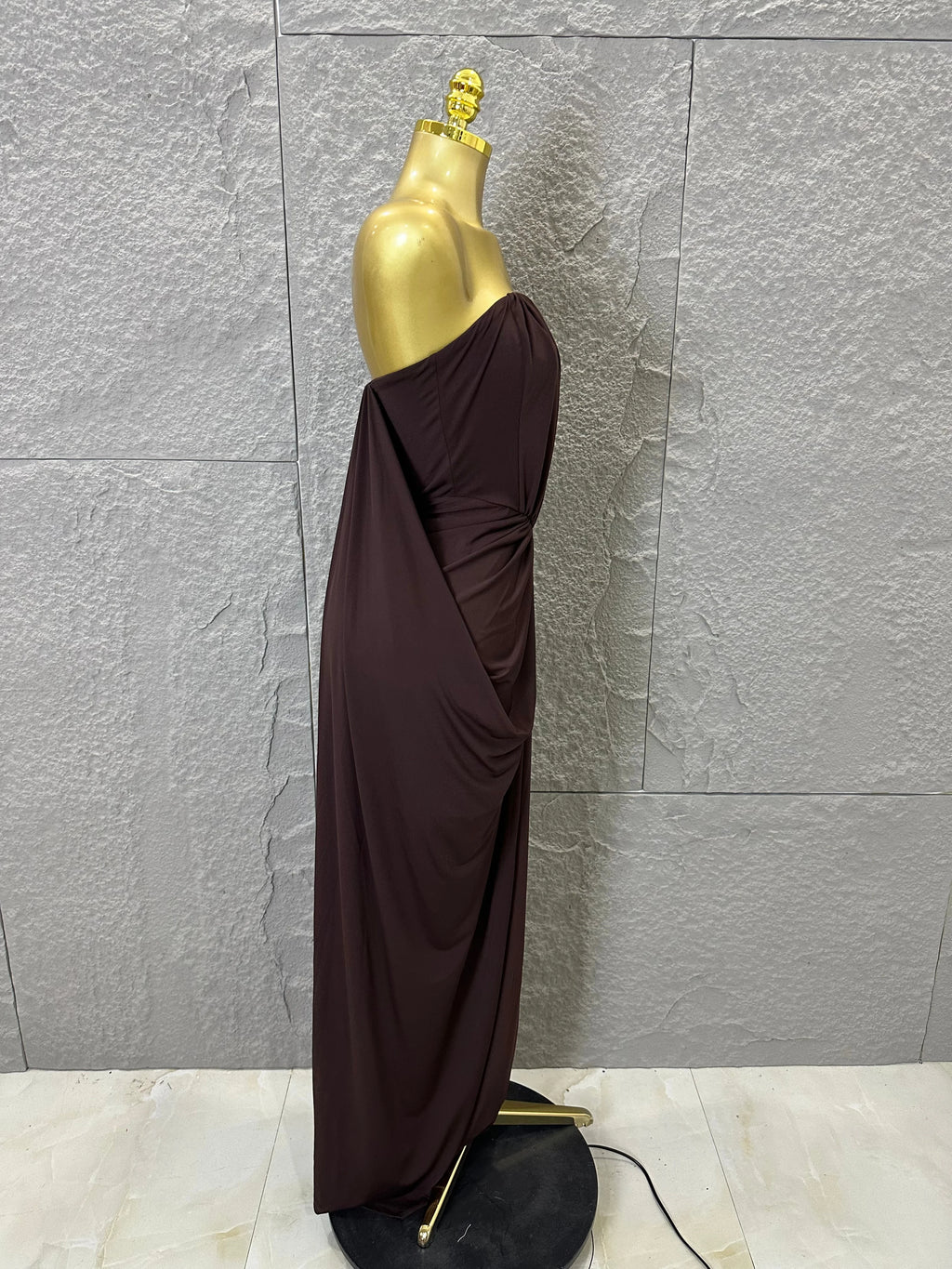 Elegant Brown Strapless Ruched Maxi Dress