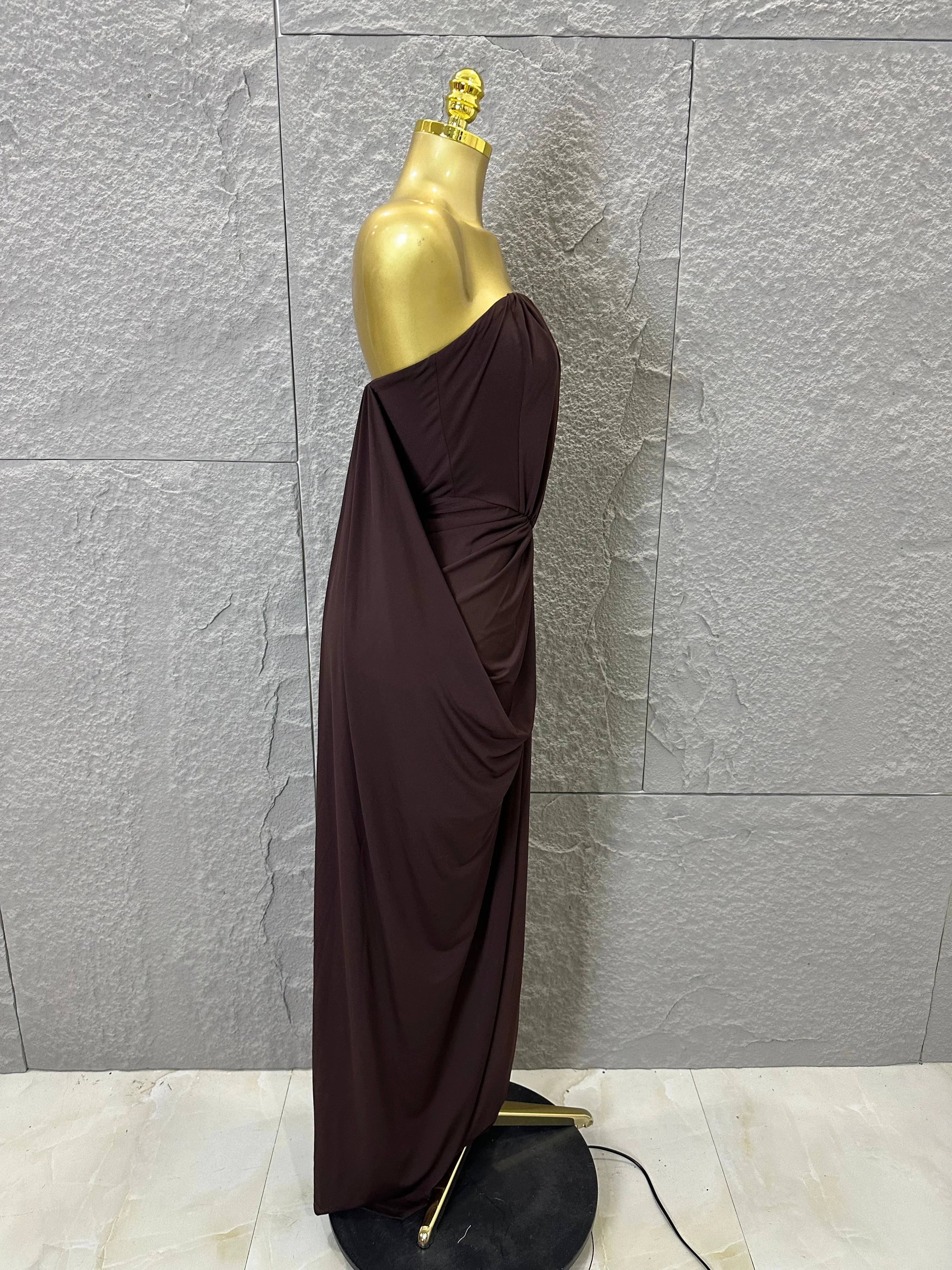 Elegant Brown Strapless Ruched Maxi Dress