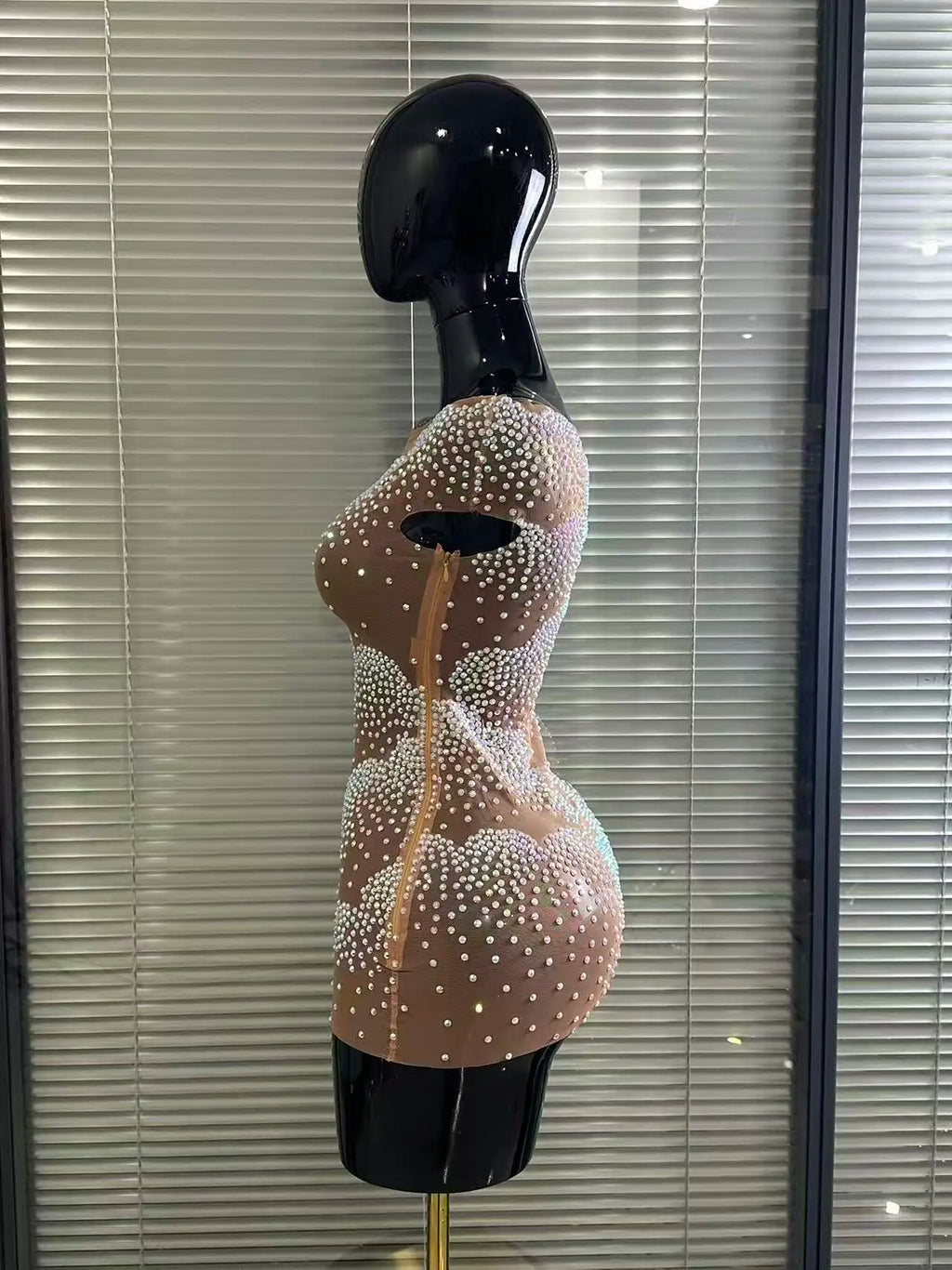 Sparkly Rhinestone Sheer Off-Shoulder Bodycon Mini Dress – Party & Stagewear