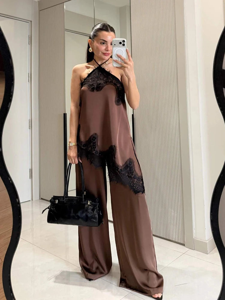 2-Piece Satin Halter Set: Asymmetric Lace Top & Wide-Leg Pants