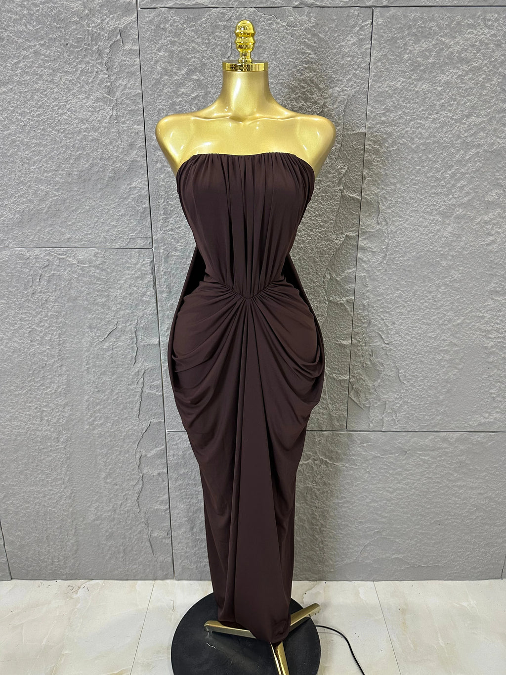 Elegant Brown Strapless Ruched Maxi Dress