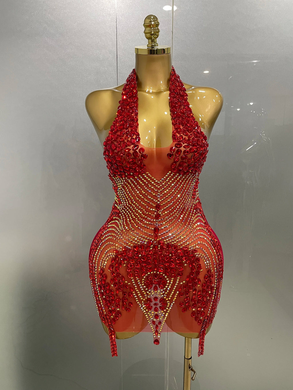 Sexy Red Rhinestone Halter Backless Velour Mini Dress – Women’s Party & Stagewear