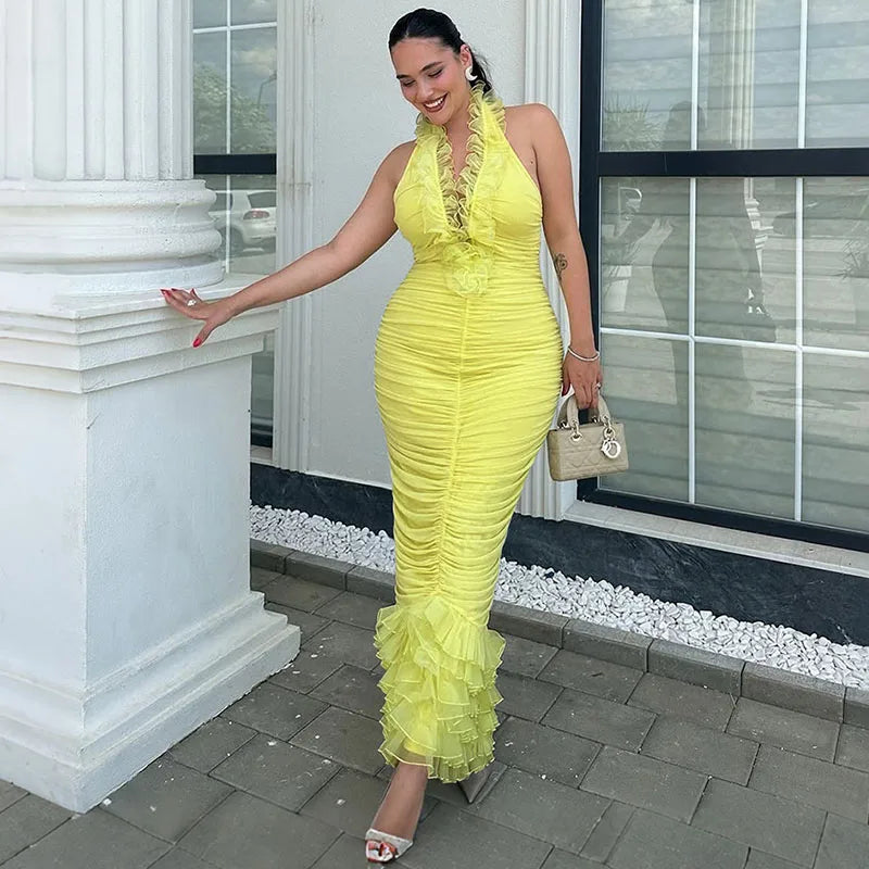 Halter Deep V-Neck Bodycon Maxi Dress