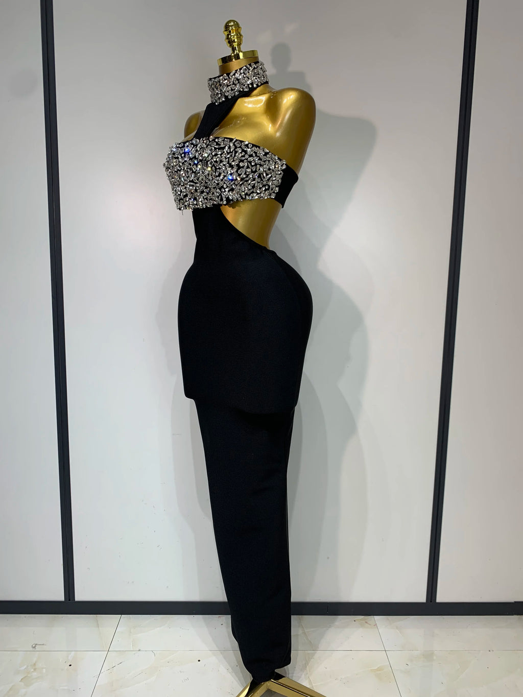 Backless Sparkly Crystal Black Bandage Dress