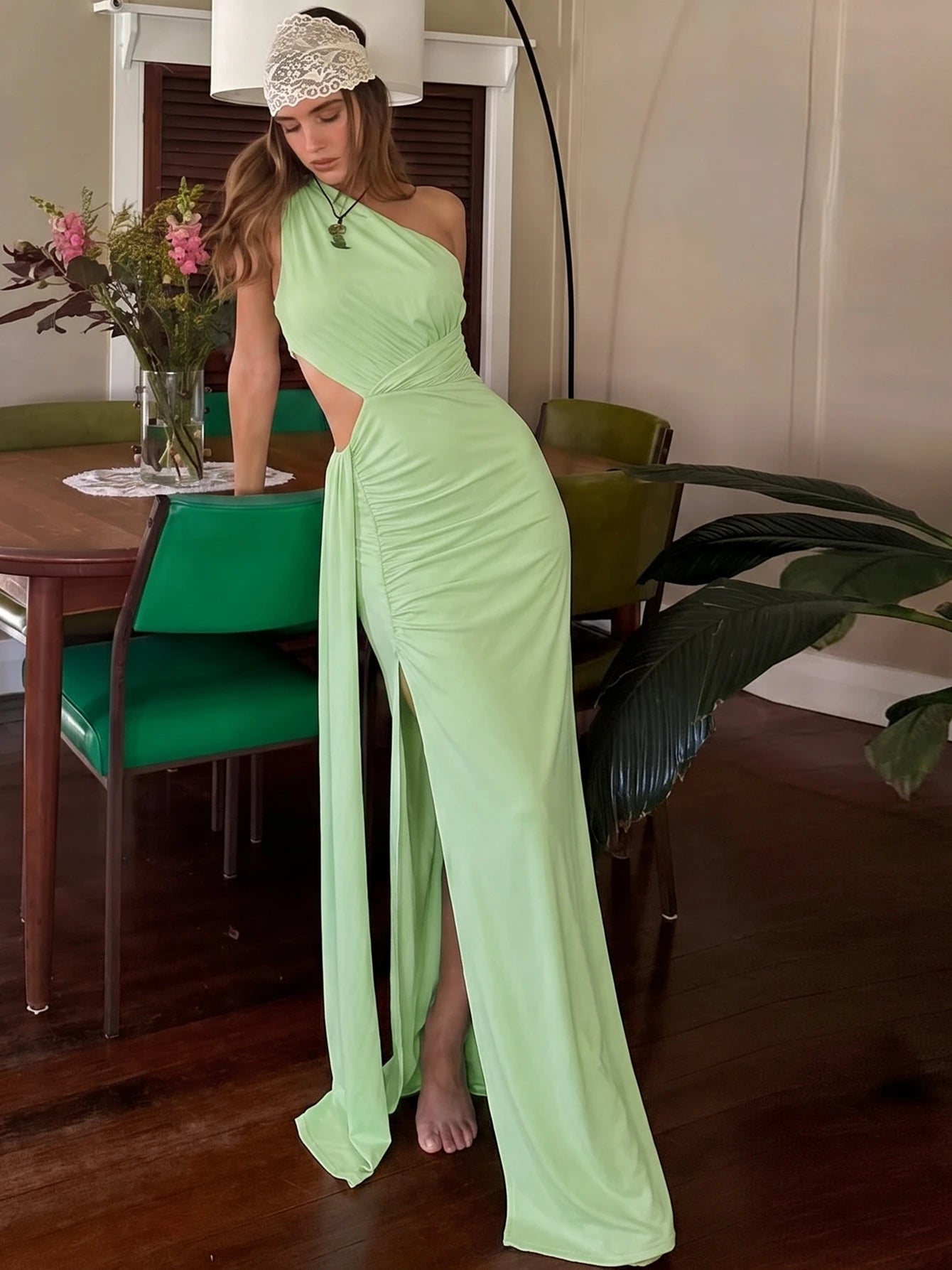 Hugcitar One Shoulder Ruched Hollow Out Sexy Maxi Dress