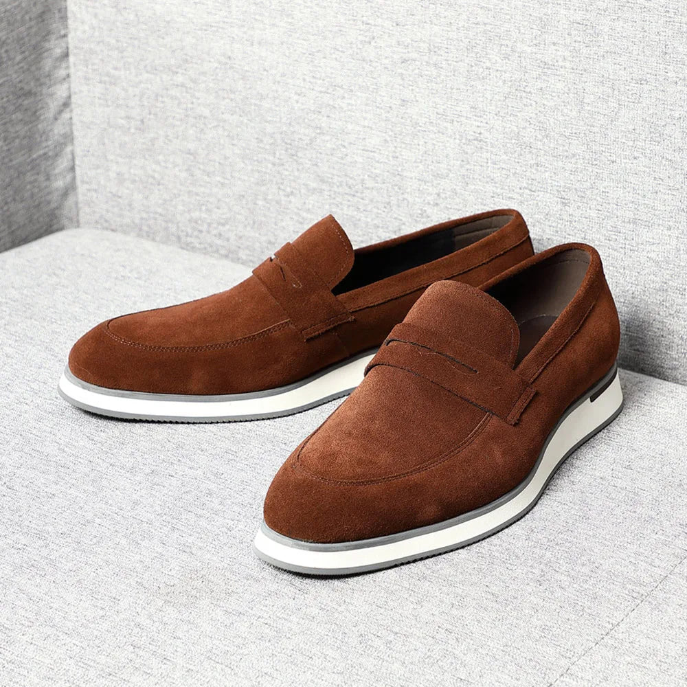 Luxury Genuine Leather Suede Penny Loafers – Elegant Men’s Slip-On Shoes