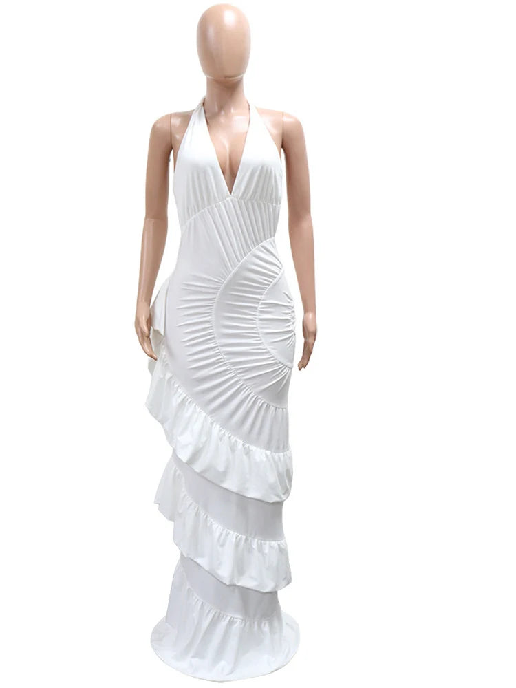 Halter V-Neck Ruched Mermaid Maxi Dress