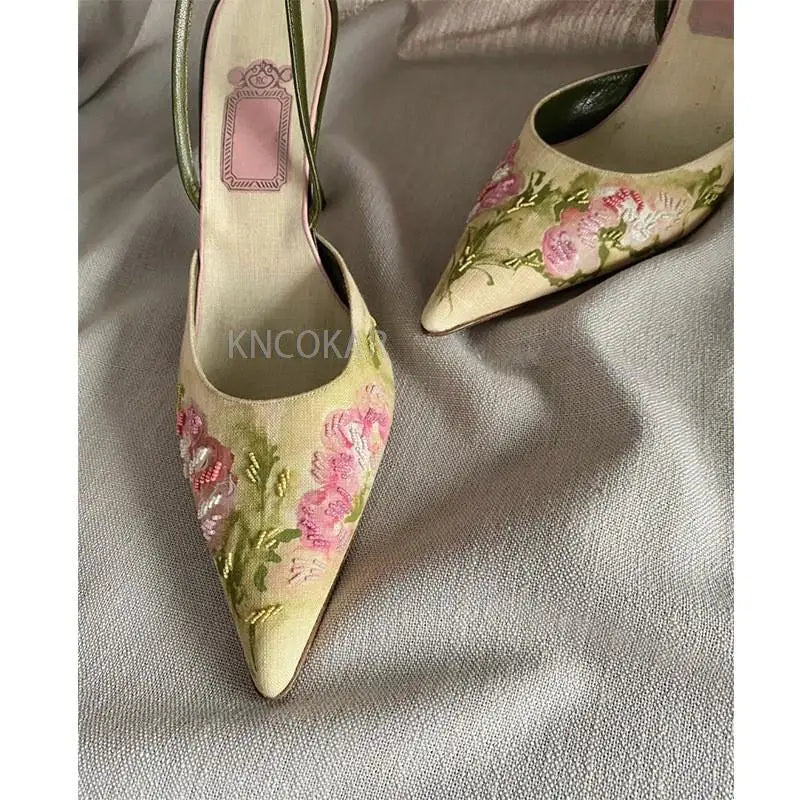 KNCOKAR Embroidered Pointed Toe Thin High Heel Pumps