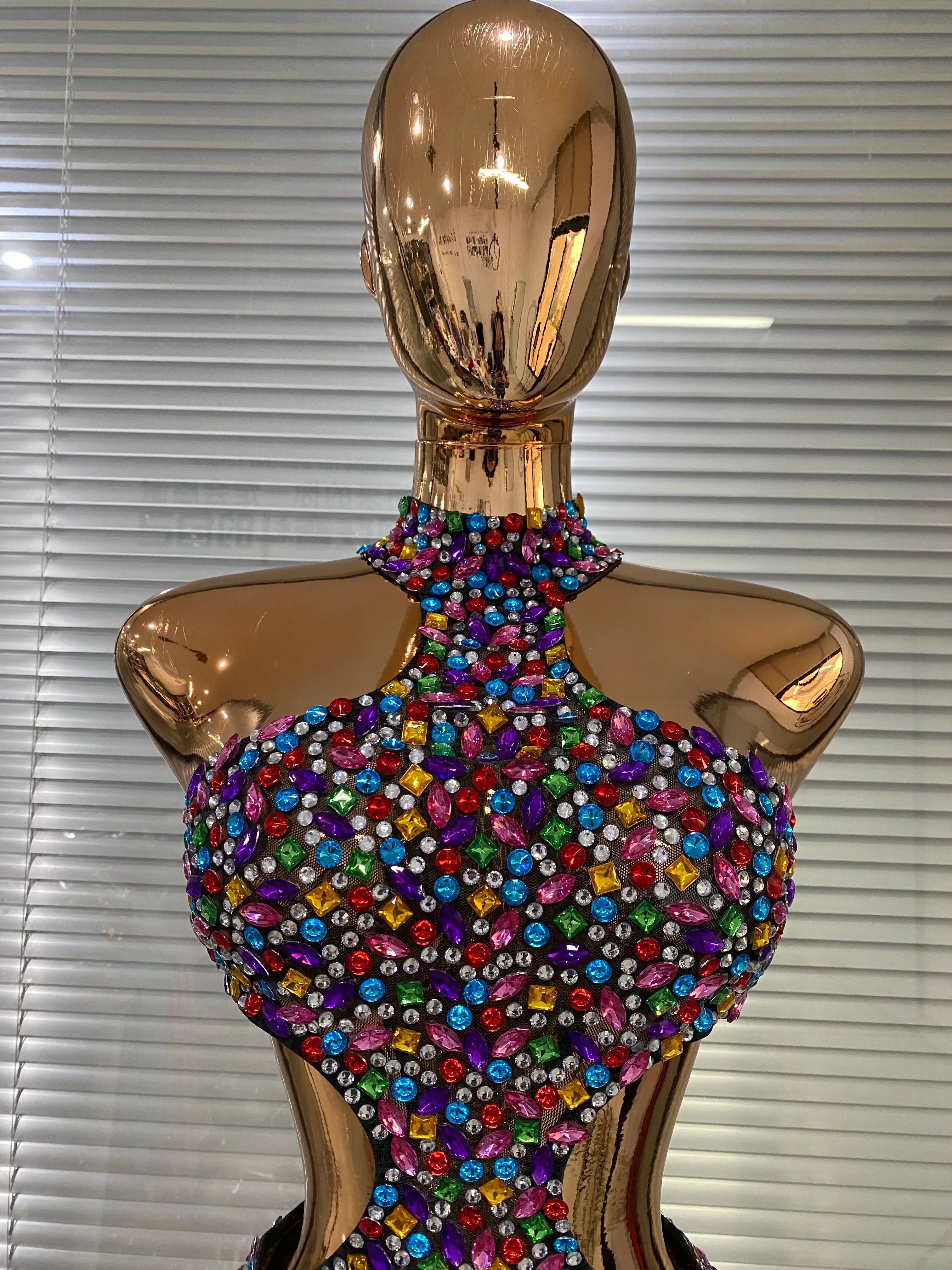 Colorful Rhinestone Cut-Out Backless Bodycon Mini Dress