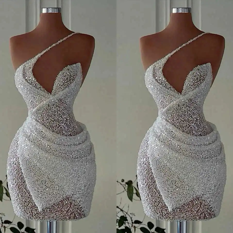 Luxury Crystal Beaded Sequin Mermaid Cocktail Dress – One-Shoulder Party Gown
