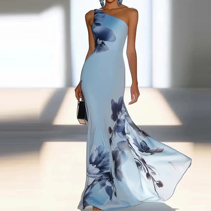 Floral Slash Collar Chiffon Evening Dress