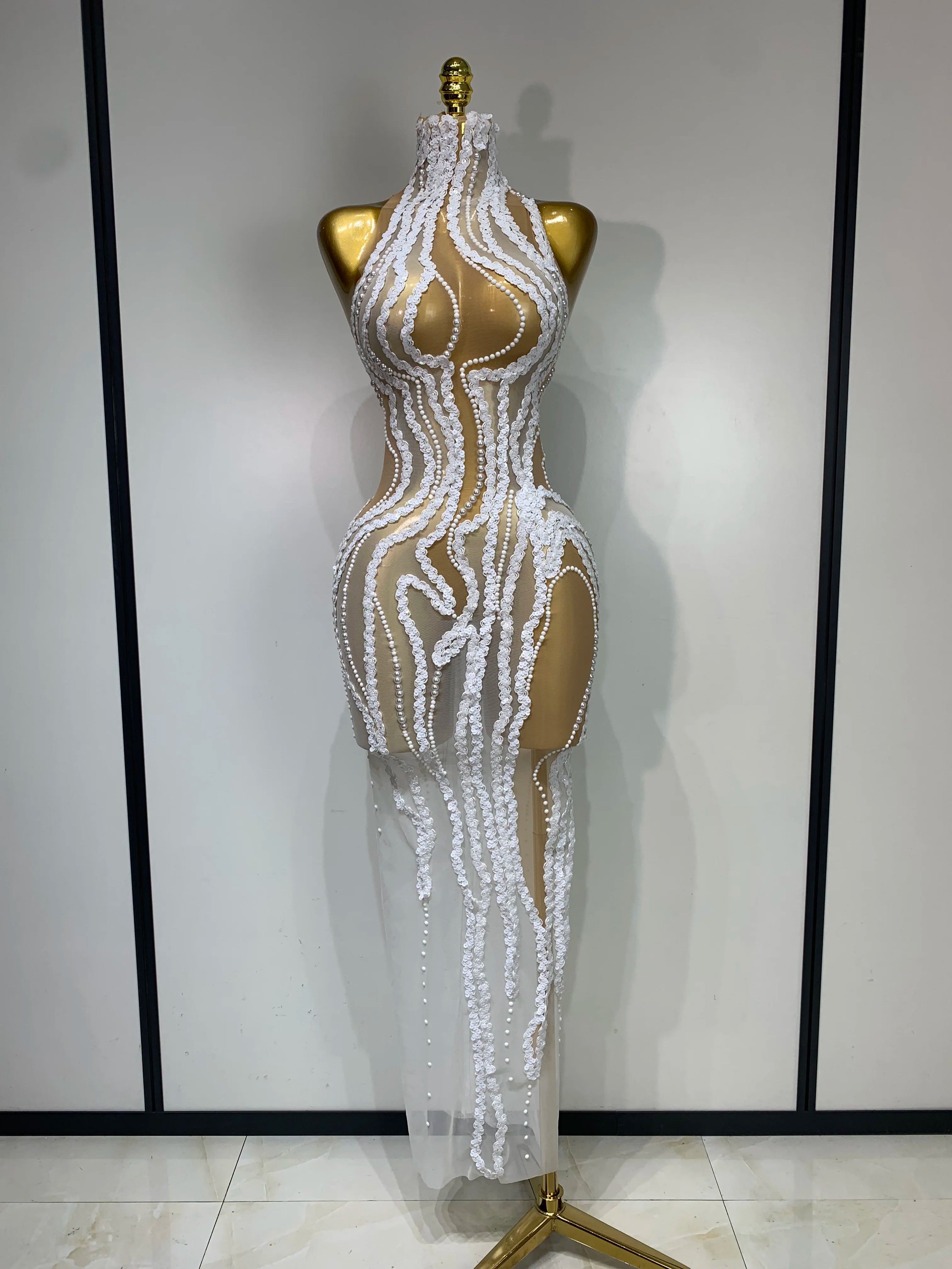 Luxury Pearl & Sequins Transparent Long Dress