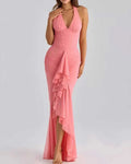 Mesh Deep V-Neck Halter Maxi Dress
