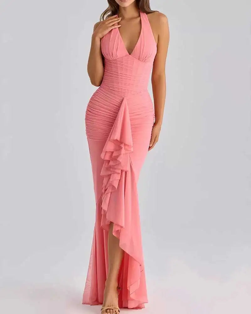 Mesh Deep V-Neck Halter Maxi Dress