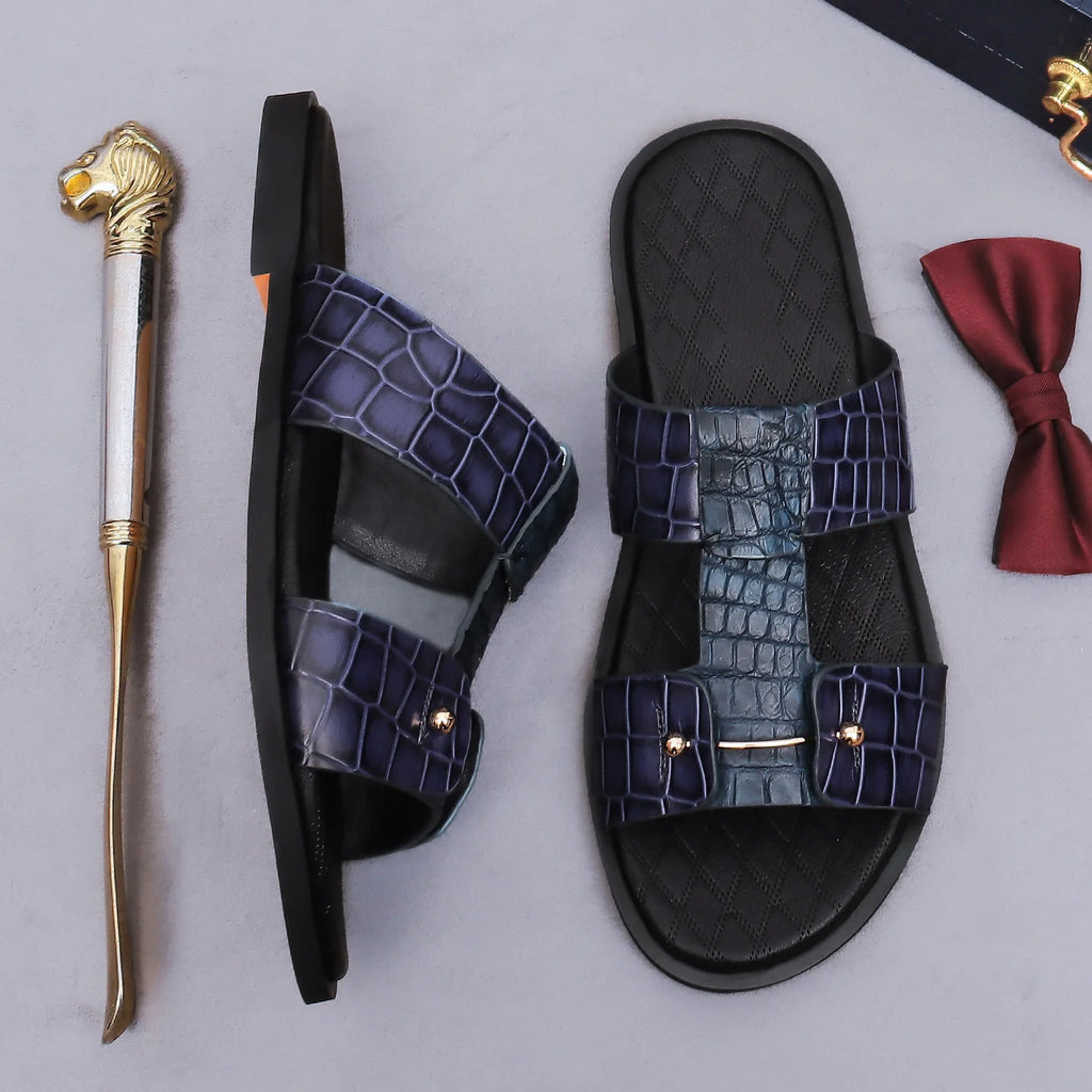 Premium Men’s Leather Slide Sandals – Croc Print
