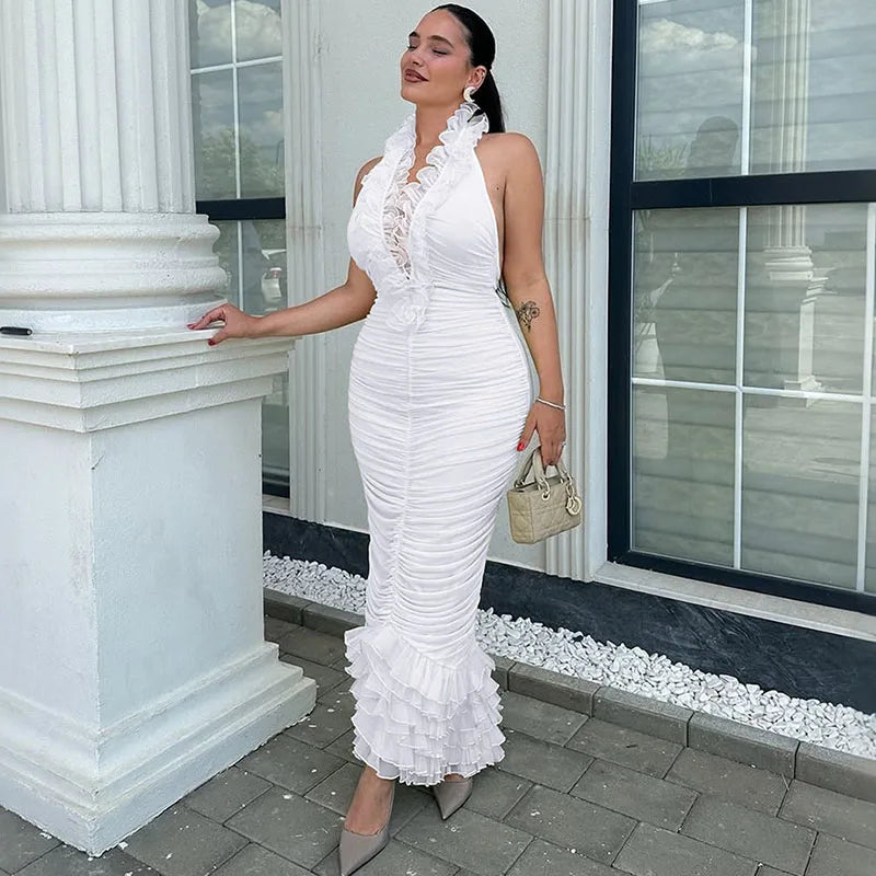 Halter Deep V-Neck Bodycon Maxi Dress