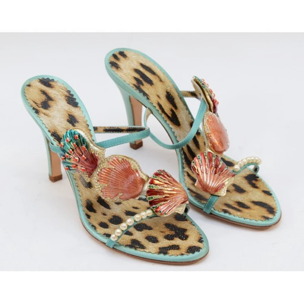 Leopard Pearl Shell Double Strap Sandals