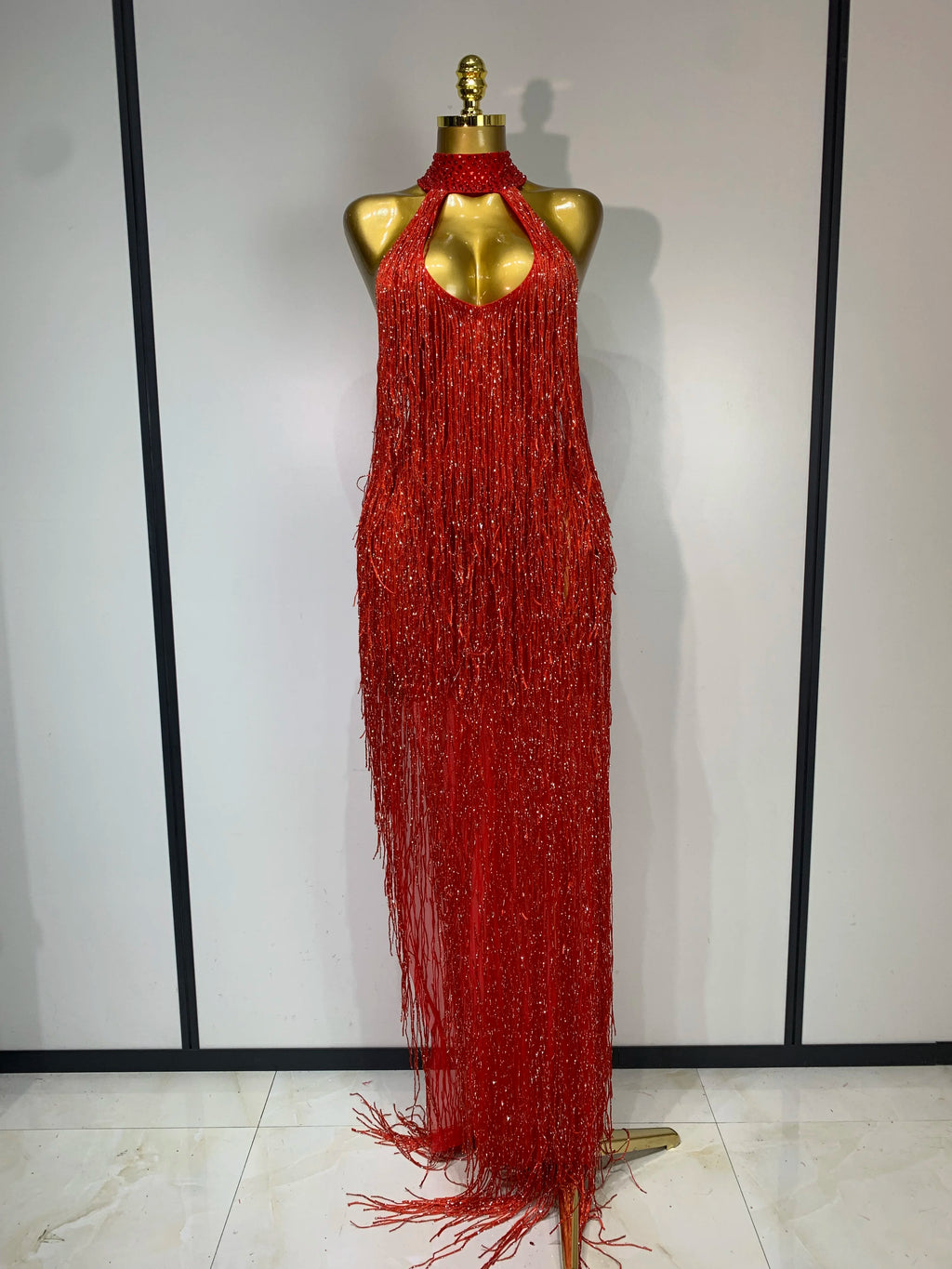 Sexy Gold Crystal Tassel Evening Prom Gown