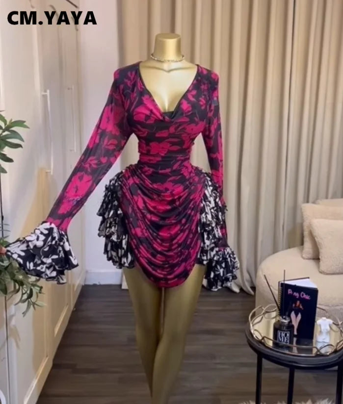 Tie-Dye Bell Sleeve Cascading Ruffle Dress