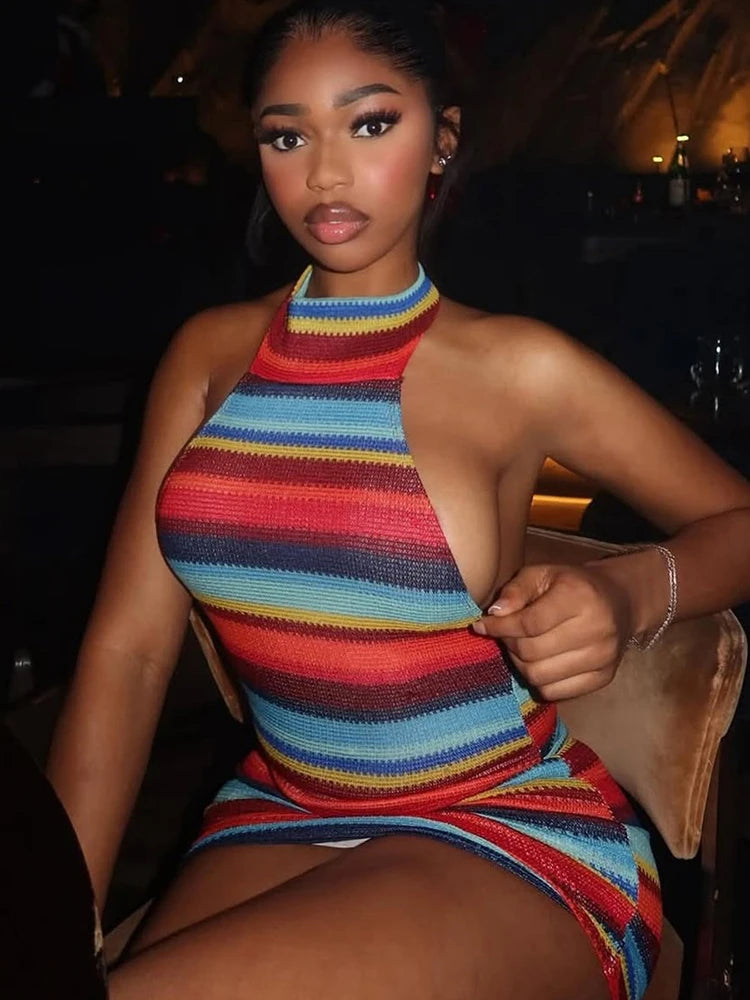 Stripe Patchwork Halter Mini Dress
