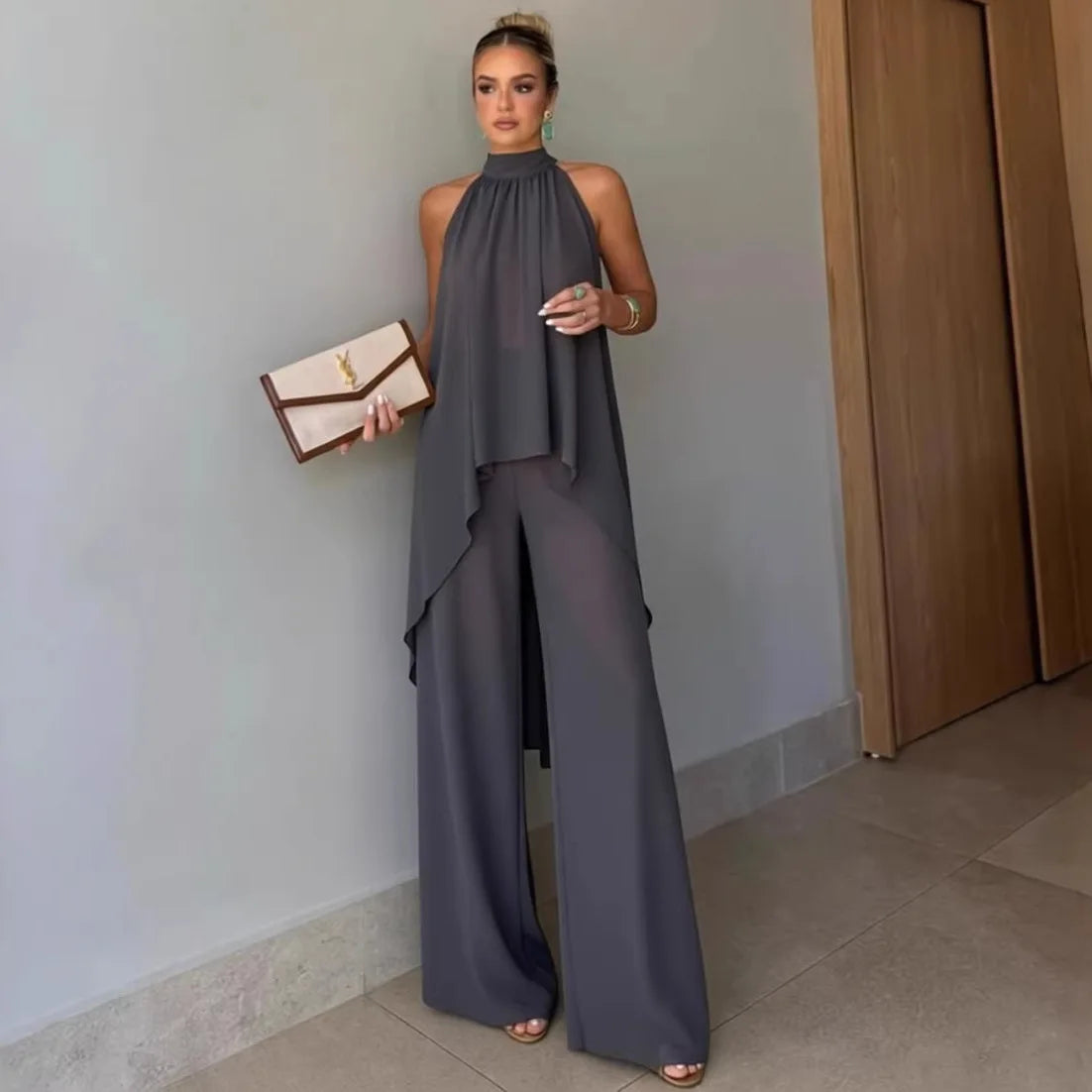 Women Summer Pants Suit: Asymmetrical Sleeveless 2-Piece Set