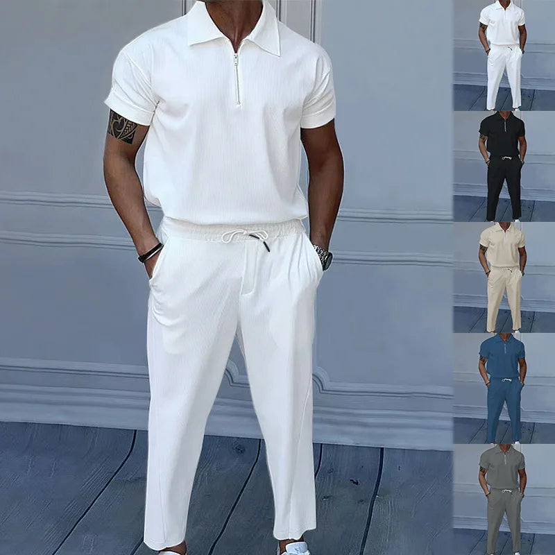 Solid Lapel Short Sleeve Zipper Suit