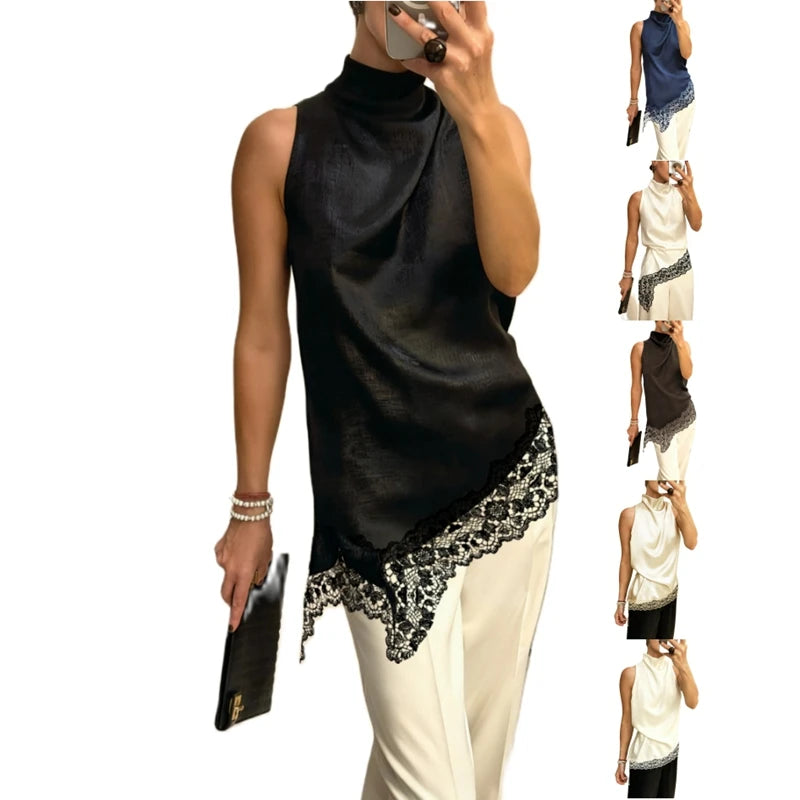 Lace Trim Satin High Low Vest Top