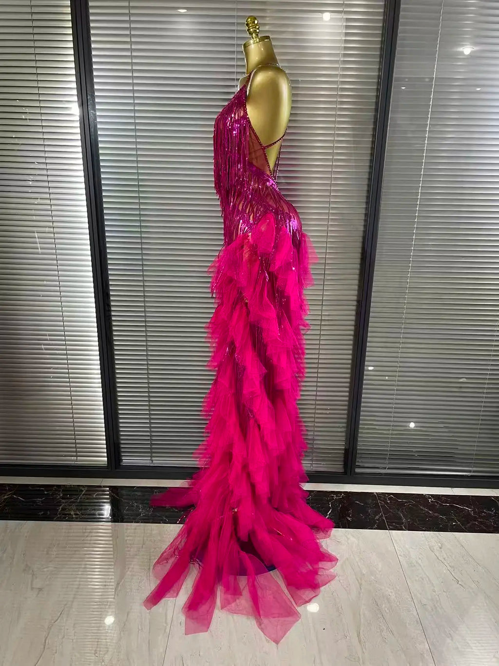 Sparkly Rhinestone Tassel Sheer V-Neck Dress – Sexy Party & Stagewear