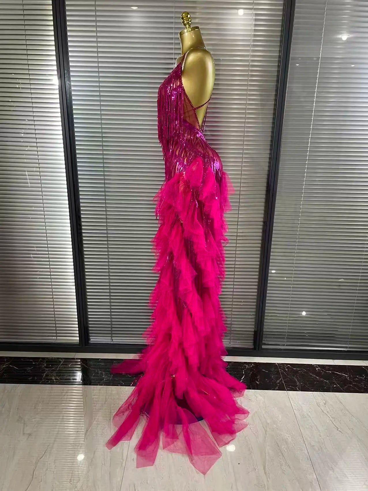 Sparkly Rhinestone Tassel Sheer V-Neck Dress – Sexy Party & Stagewear