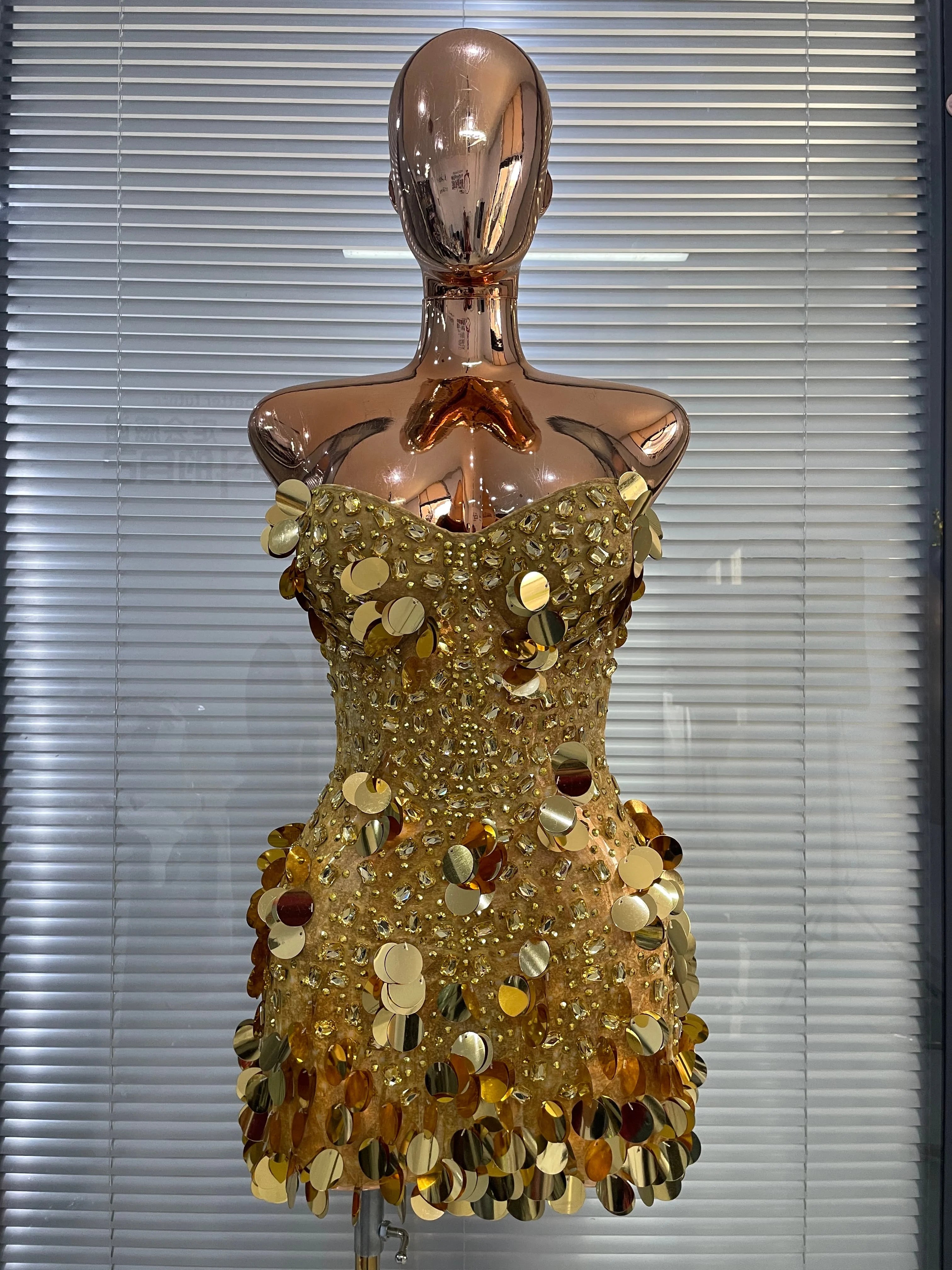 Women’s Gold Glitter Rhinestone Corset Mini Dress – Sexy Party & Showwear
