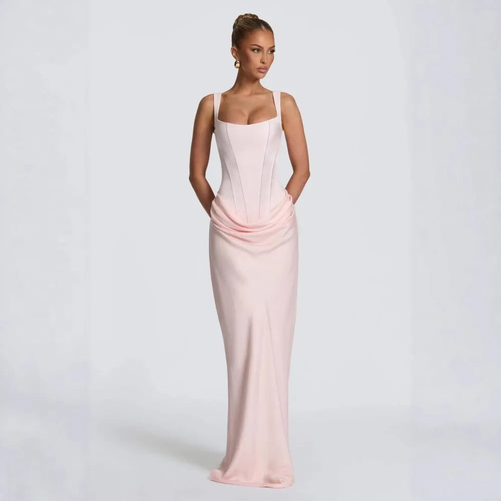 Square Neck Pleated Fishtail Maxi Dress