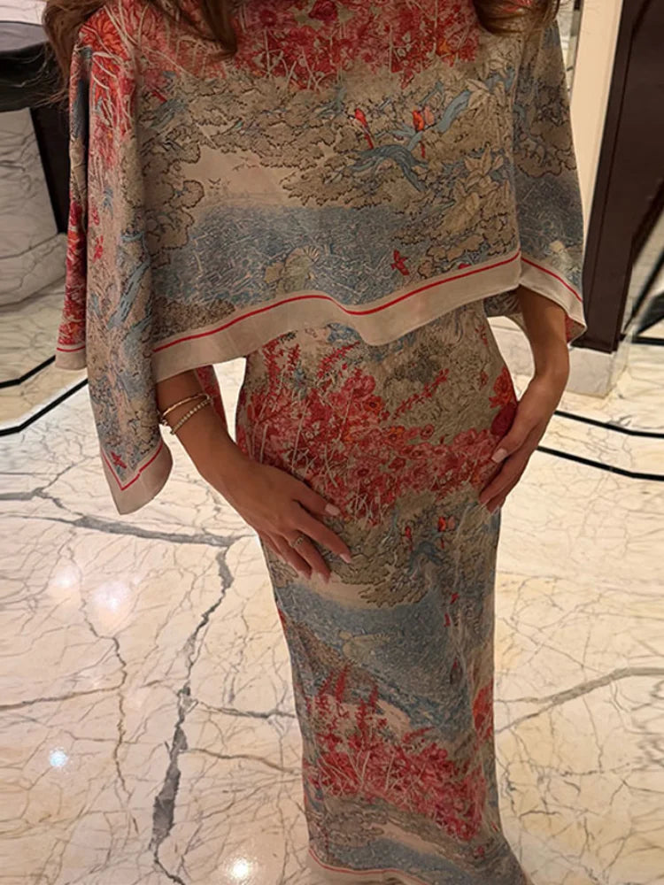 Tropical Leaf Print Two-Piece Maxi Set