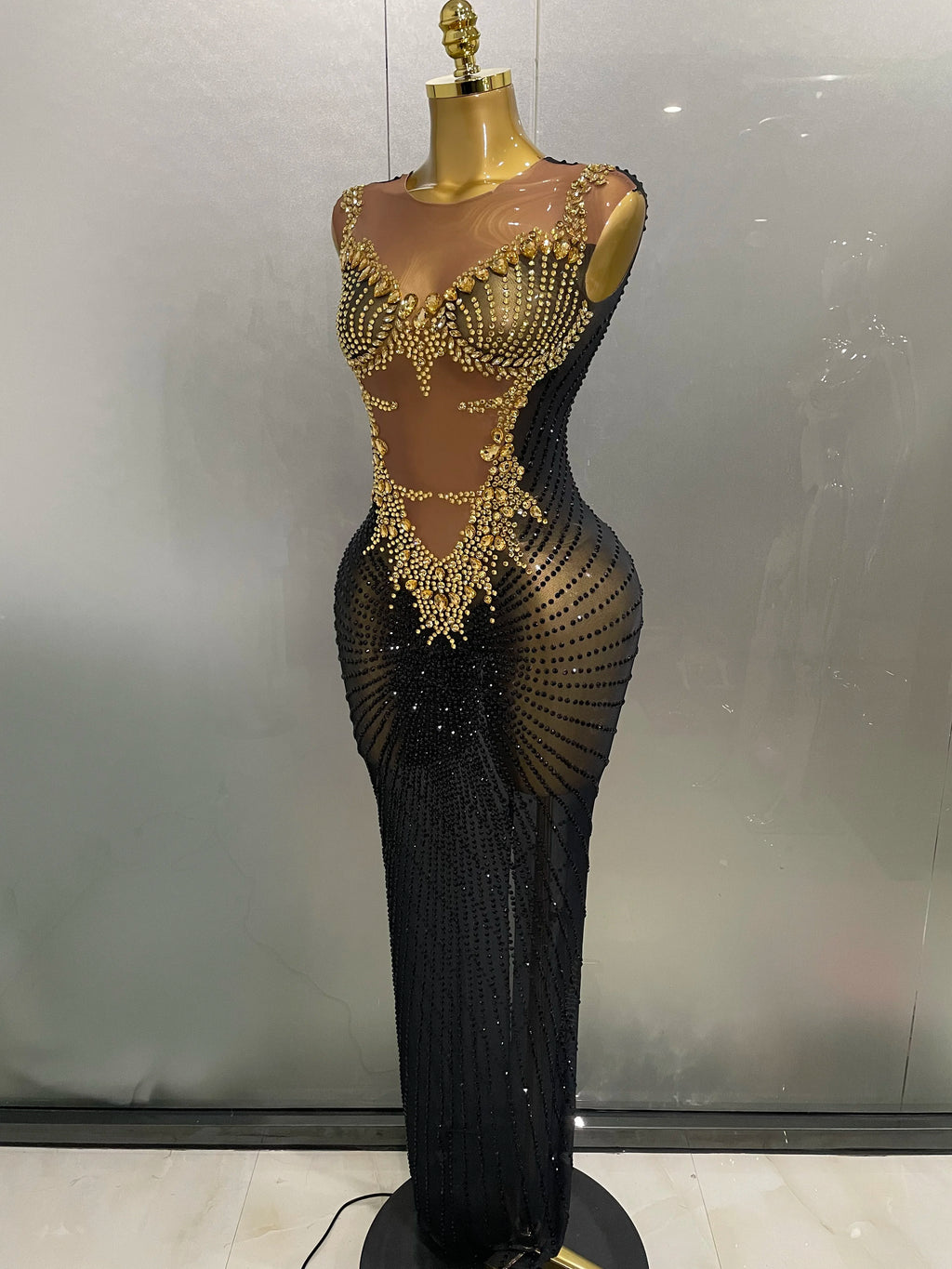 Stock Sparkly Rhinestone Sleeveless Sheer Long Dress – Women’s Party & Stagewear