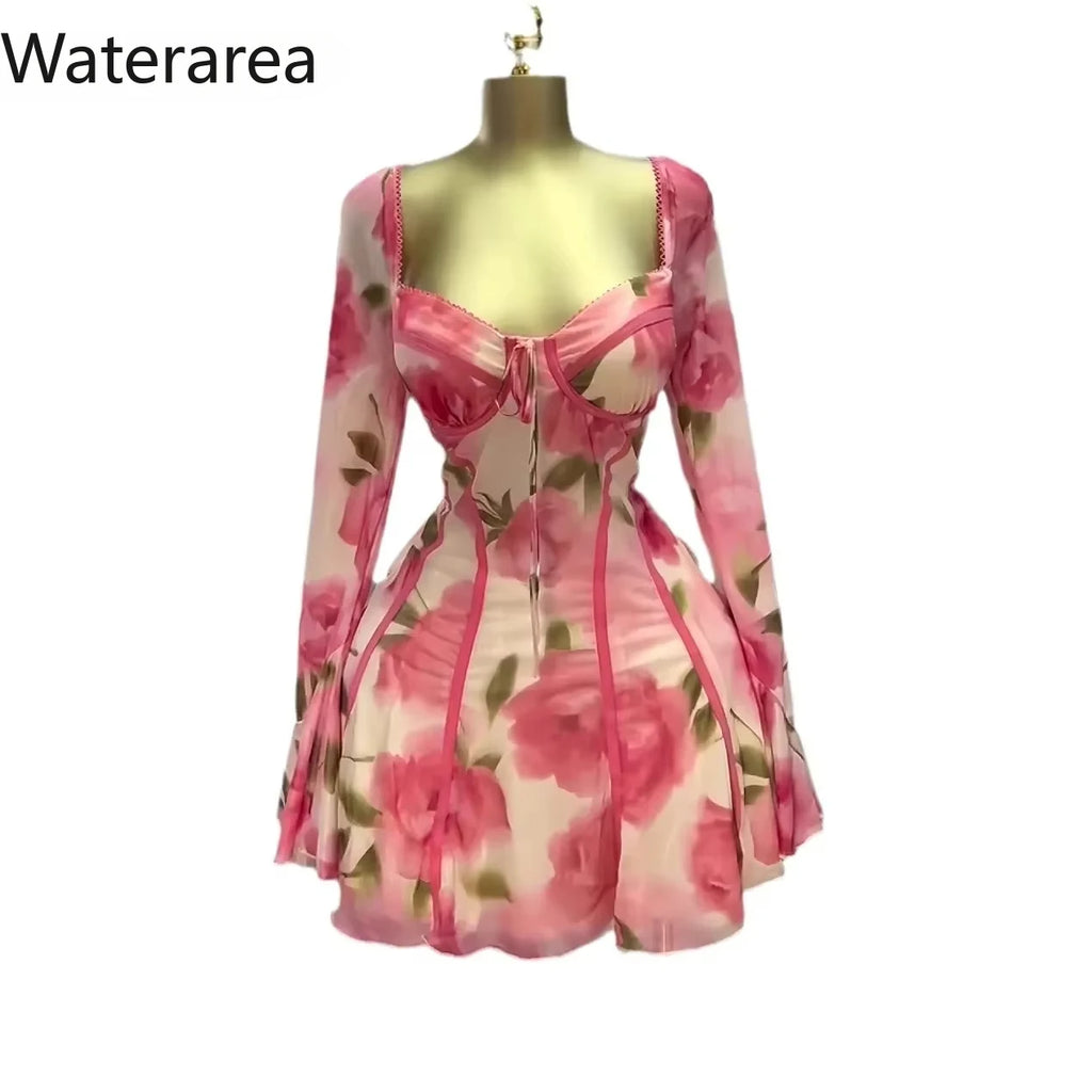Floral Flare Sleeve Plunging V-Neck Dress
