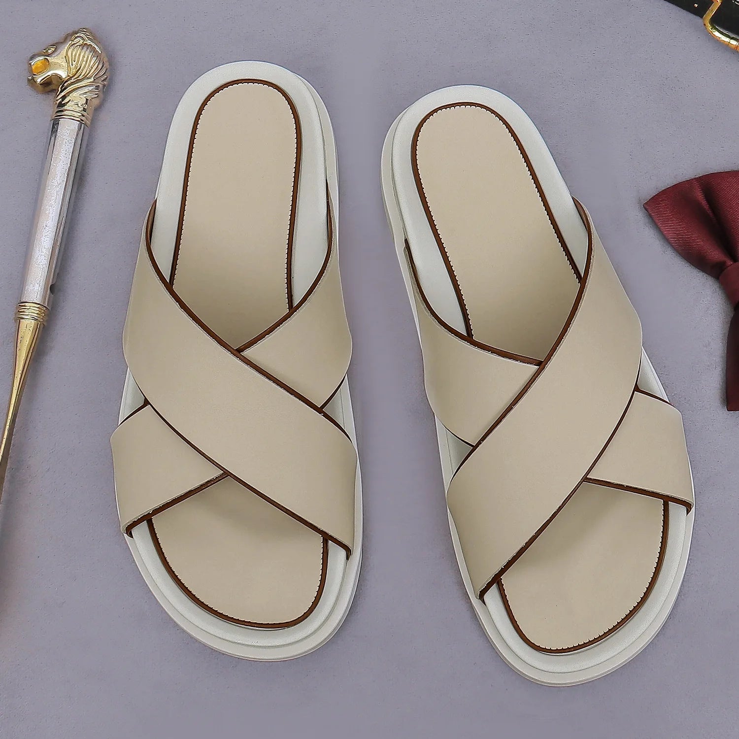 Premium Men’s Leather Cross Sandals – Casual Summer