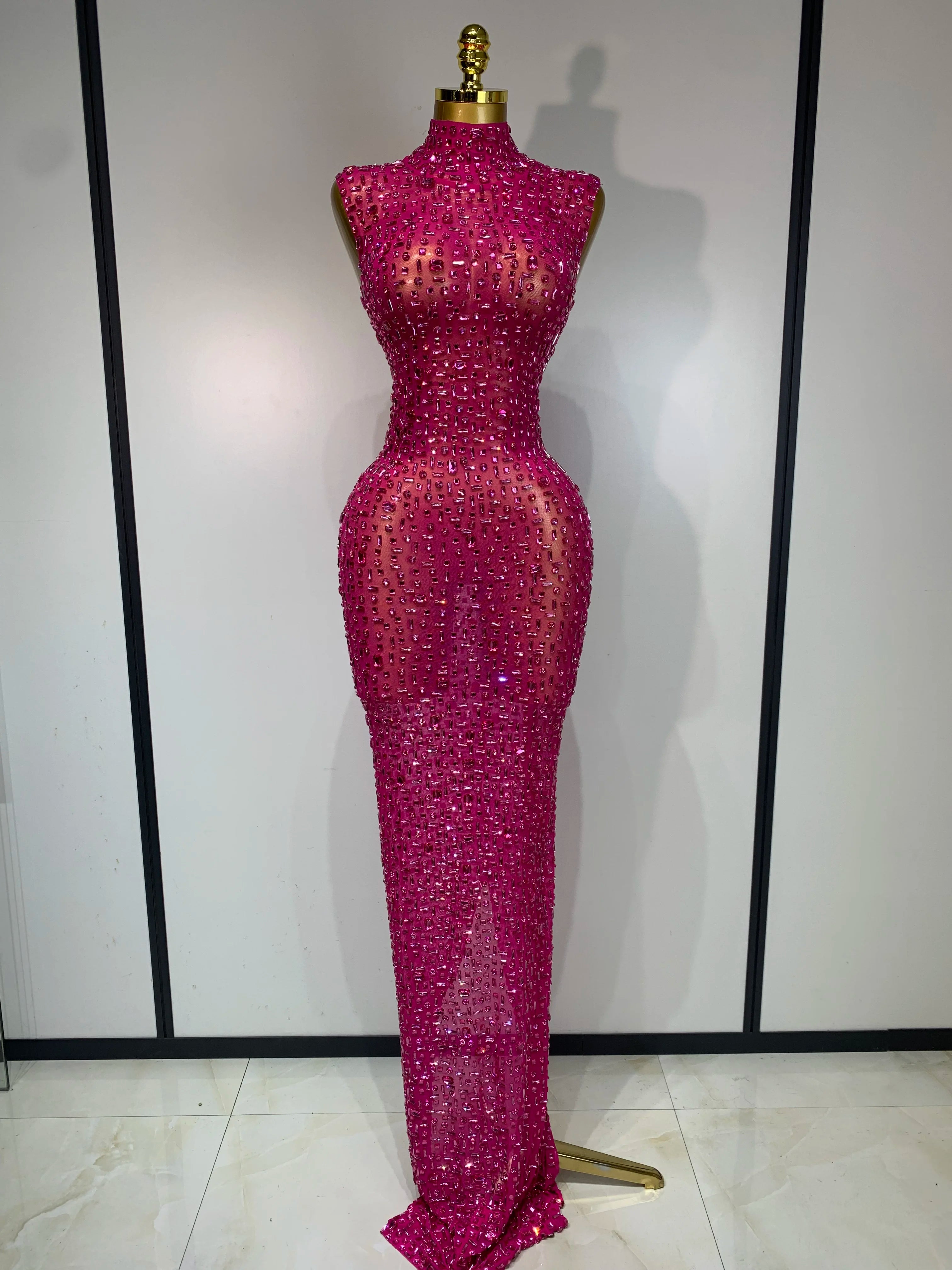 Sparkly Gold Rhinestone Sleeveless Mesh Long Dress