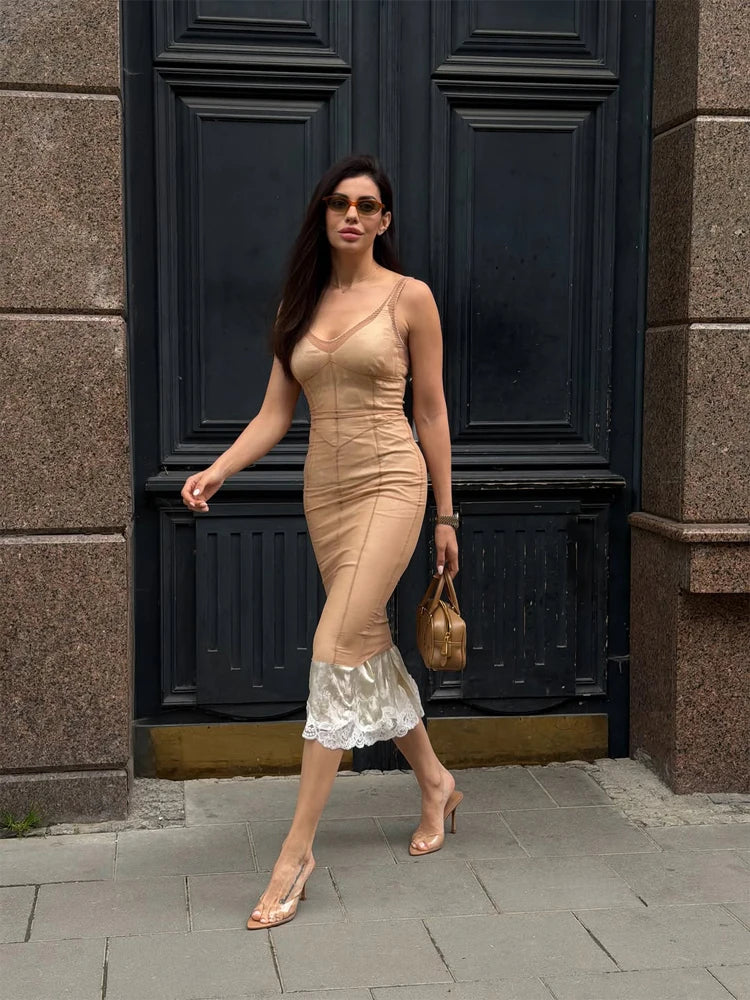 Sexy Sheer Mesh Overlay Midi Dress