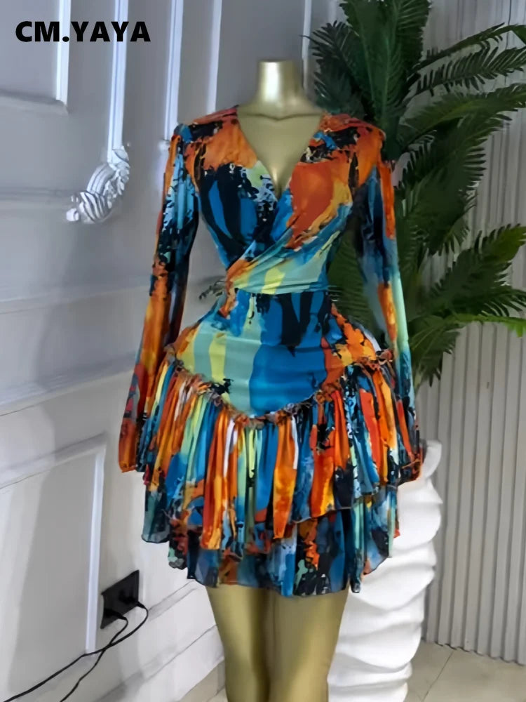 V-Neck Tie-Dye Ruffle Mini Dress