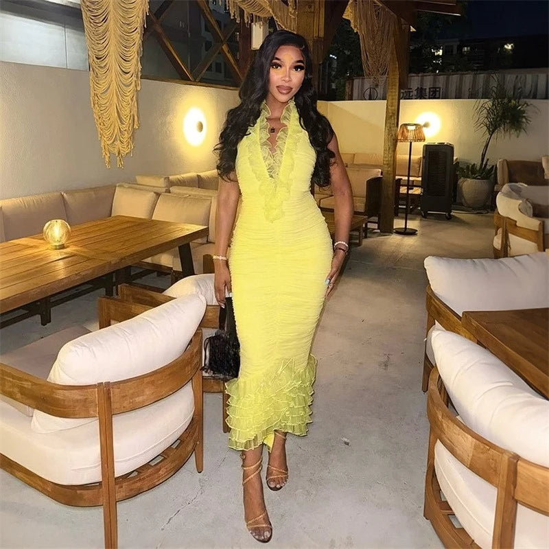 Halter Deep V-Neck Bodycon Maxi Dress