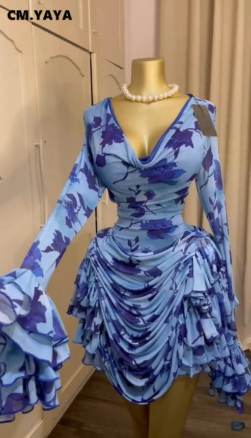 Women's Floral Ruffle Bell Sleeve Mini Dress