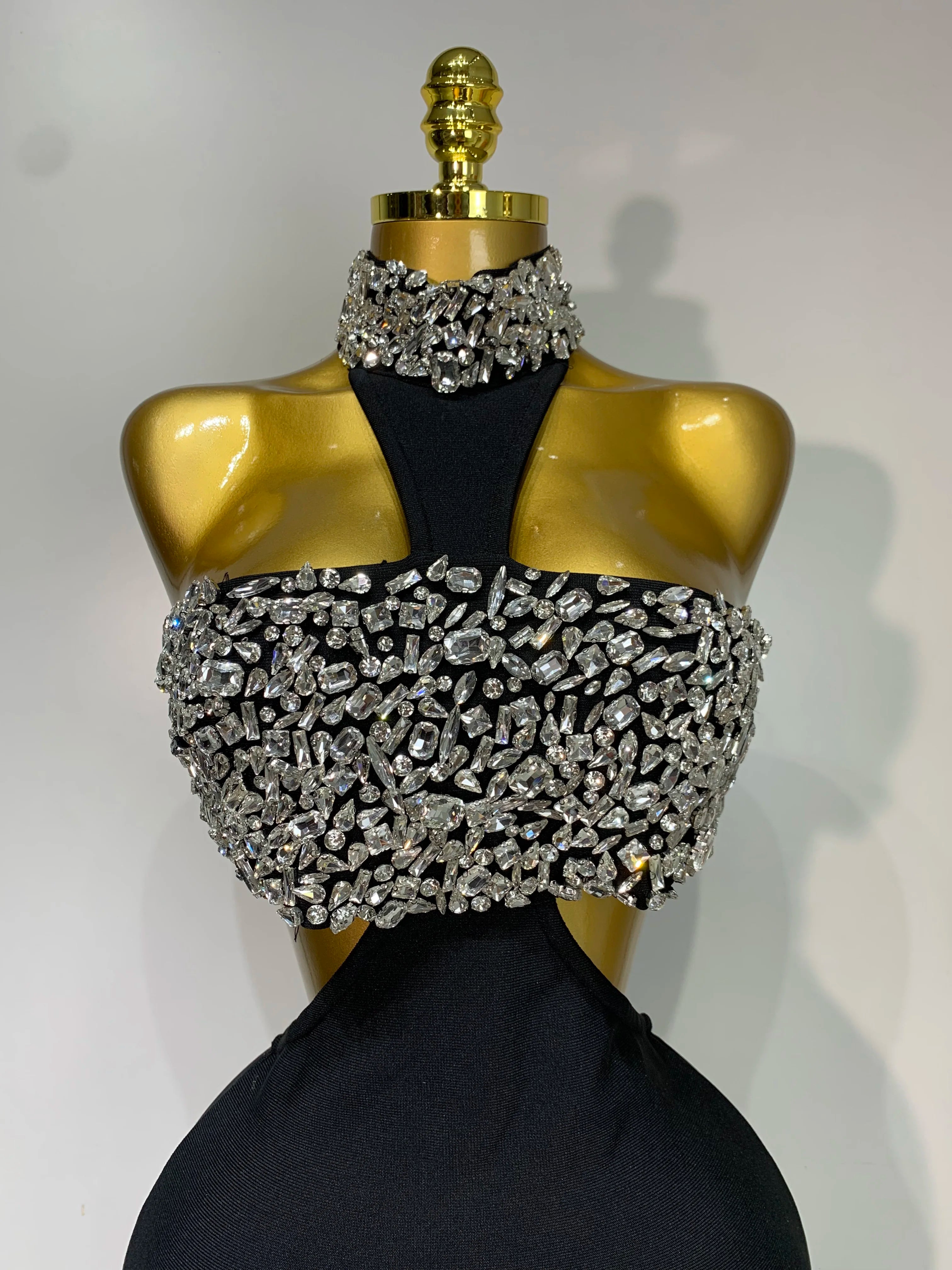 Backless Sparkly Crystal Black Bandage Dress