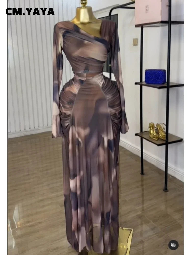 Tie-Dye Skew Neck Flare Sleeve Maxi Dress